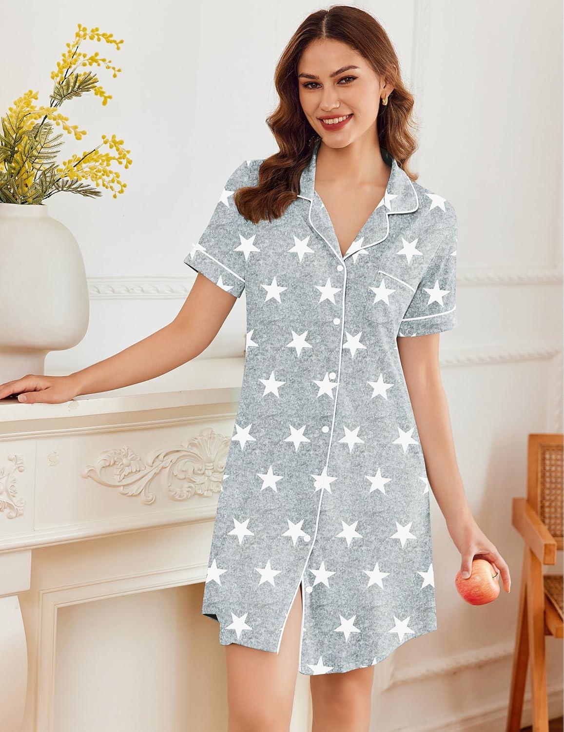 imageEkouaer Nightgowns for Women Button Down Sleepshirt Short Sleeve Nightshirt Boyfriend Pajamas V Neck Nightdress SXXXLGrey Star