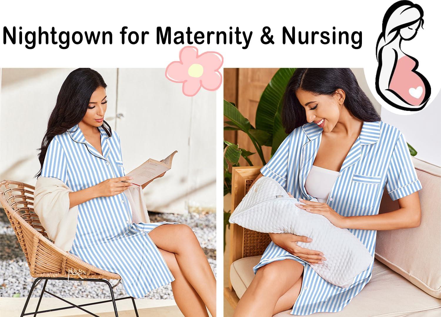 imageEkouaer Nightgowns for Women Button Down Sleepshirt Short Sleeve Nightshirt Boyfriend Pajamas V Neck Nightdress SXXXLLight Blue Stripe