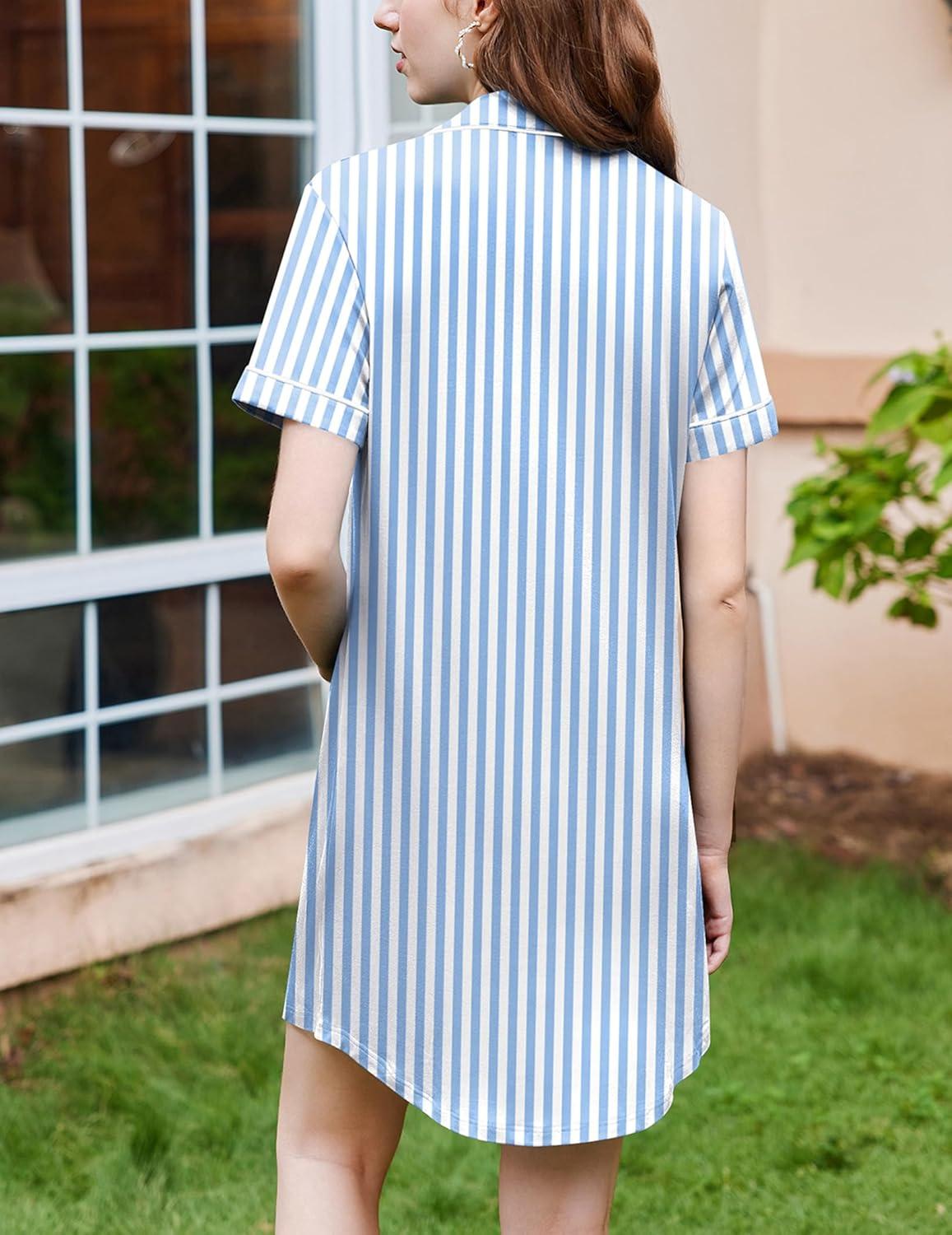 imageEkouaer Nightgowns for Women Button Down Sleepshirt Short Sleeve Nightshirt Boyfriend Pajamas V Neck Nightdress SXXXLLight Blue Stripe