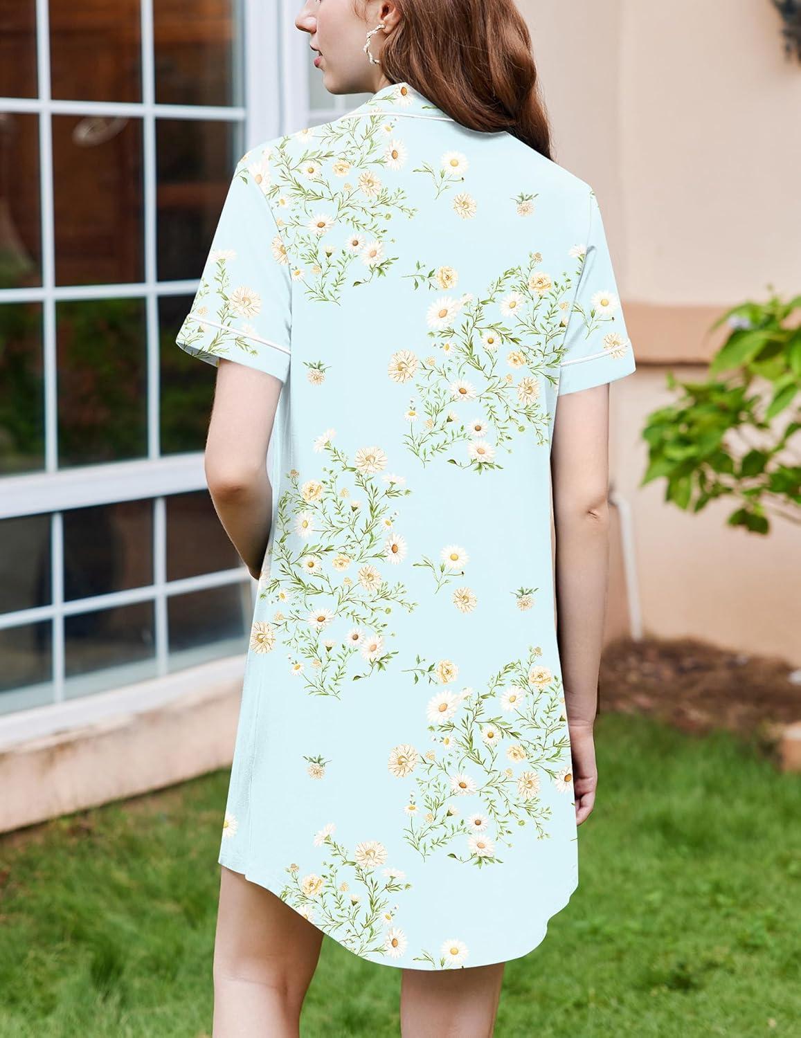 imageEkouaer Nightgowns for Women Button Down Sleepshirt Short Sleeve Nightshirt Boyfriend Pajamas V Neck Nightdress SXXXLLight Green Floral
