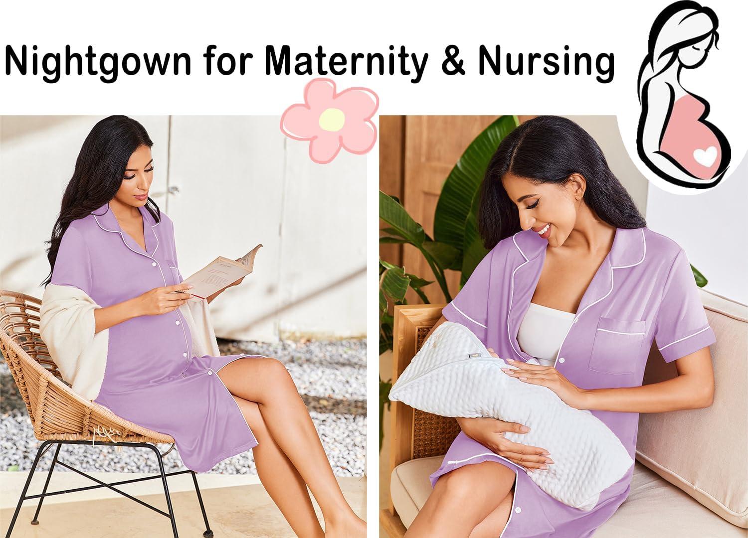 imageEkouaer Nightgowns for Women Button Down Sleepshirt Short Sleeve Nightshirt Boyfriend Pajamas V Neck Nightdress SXXXLLight Purple