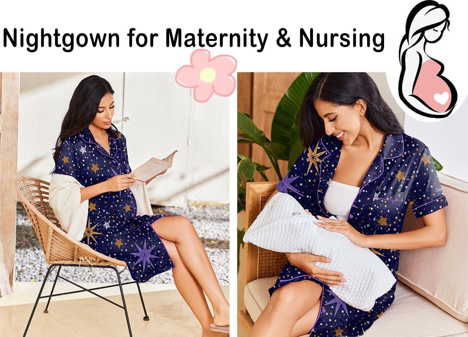 imageEkouaer Nightgowns for Women Button Down Sleepshirt Short Sleeve Nightshirt Boyfriend Pajamas V Neck Nightdress SXXXLNavy Star Print