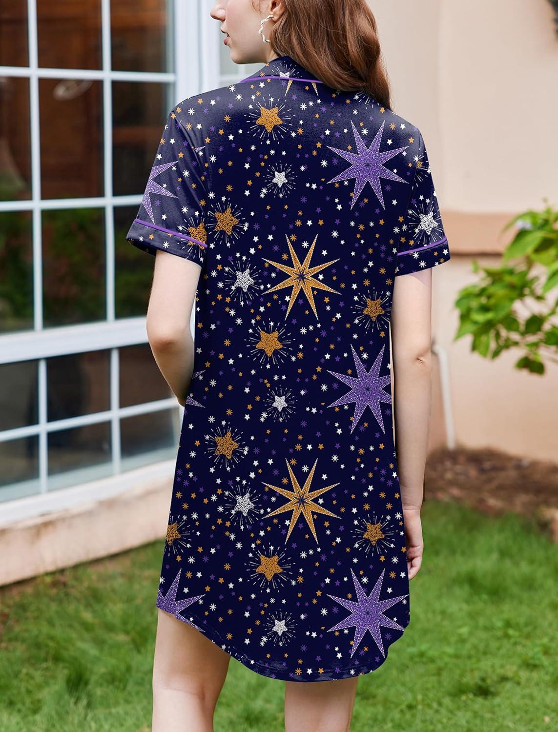 imageEkouaer Nightgowns for Women Button Down Sleepshirt Short Sleeve Nightshirt Boyfriend Pajamas V Neck Nightdress SXXXLNavy Star Print
