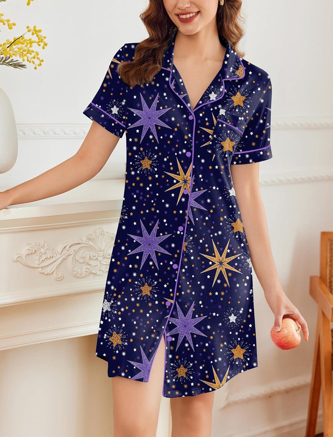 imageEkouaer Nightgowns for Women Button Down Sleepshirt Short Sleeve Nightshirt Boyfriend Pajamas V Neck Nightdress SXXXLNavy Star Print