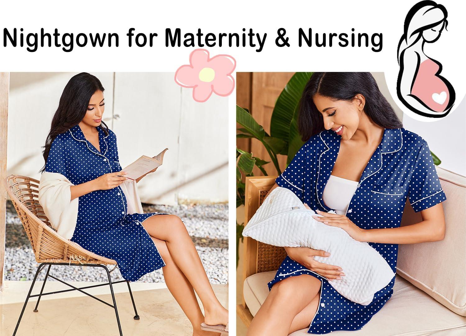 imageEkouaer Nightgowns for Women Button Down Sleepshirt Short Sleeve Nightshirt Boyfriend Pajamas V Neck Nightdress SXXXLNavy White Dots