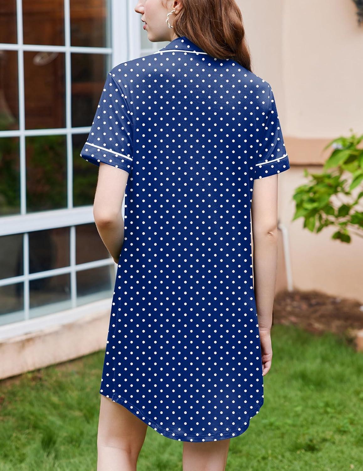 imageEkouaer Nightgowns for Women Button Down Sleepshirt Short Sleeve Nightshirt Boyfriend Pajamas V Neck Nightdress SXXXLNavy White Dots