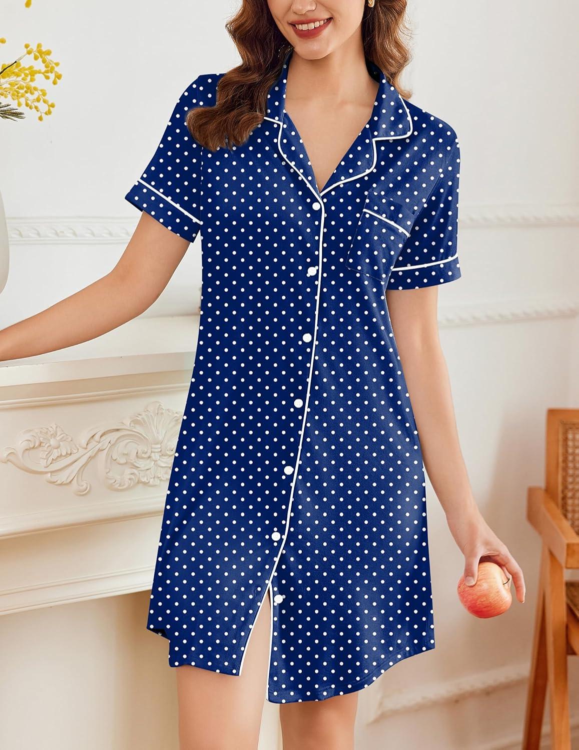 imageEkouaer Nightgowns for Women Button Down Sleepshirt Short Sleeve Nightshirt Boyfriend Pajamas V Neck Nightdress SXXXLNavy White Dots