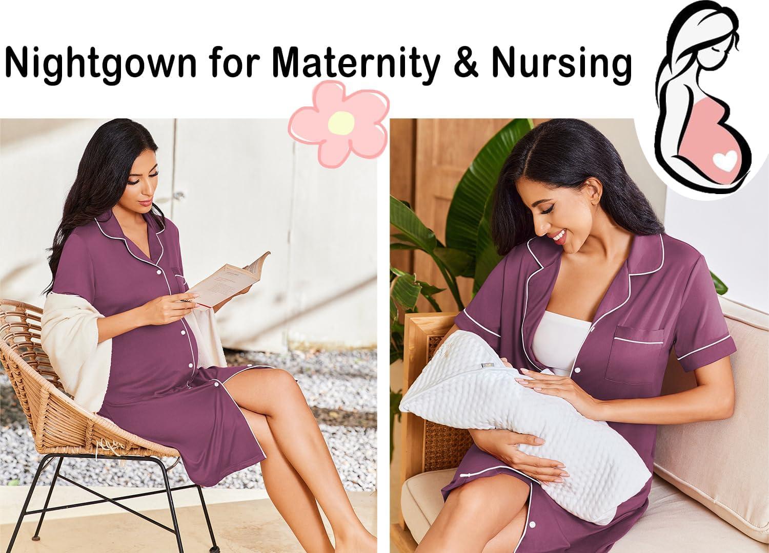 imageEkouaer Nightgowns for Women Button Down Sleepshirt Short Sleeve Nightshirt Boyfriend Pajamas V Neck Nightdress SXXXLPurple