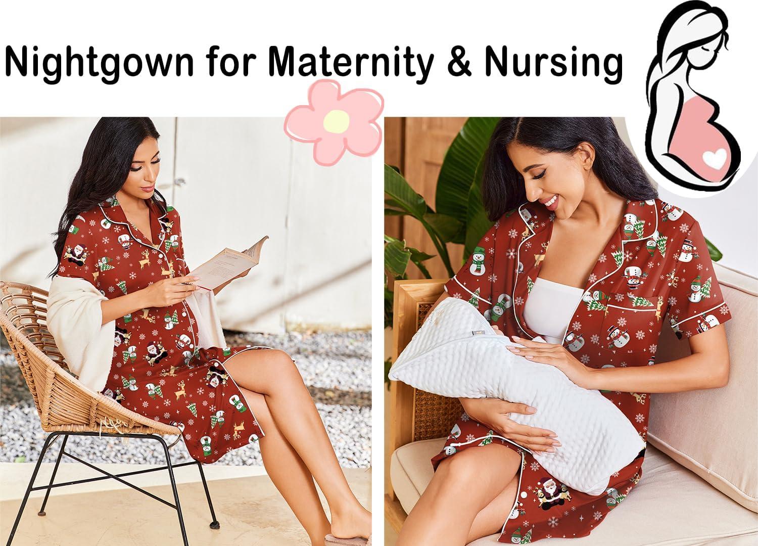 imageEkouaer Nightgowns for Women Button Down Sleepshirt Short Sleeve Nightshirt Boyfriend Pajamas V Neck Nightdress SXXXLRed Christmas