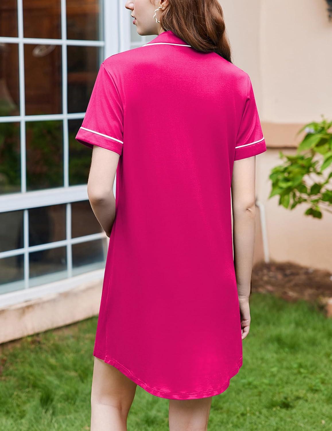 imageEkouaer Nightgowns for Women Button Down Sleepshirt Short Sleeve Nightshirt Boyfriend Pajamas V Neck Nightdress SXXXLRose Red