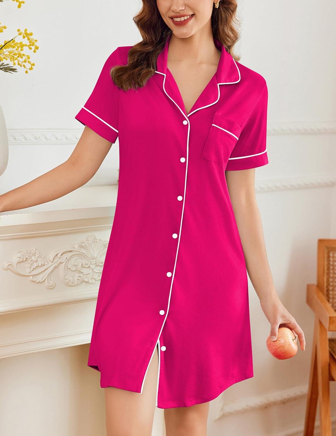 imageEkouaer Nightgowns for Women Button Down Sleepshirt Short Sleeve Nightshirt Boyfriend Pajamas V Neck Nightdress SXXXLRose Red