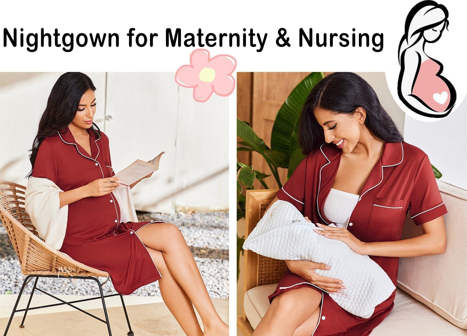imageEkouaer Nightgowns for Women Button Down Sleepshirt Short Sleeve Nightshirt Boyfriend Pajamas V Neck Nightdress SXXXLWine Red