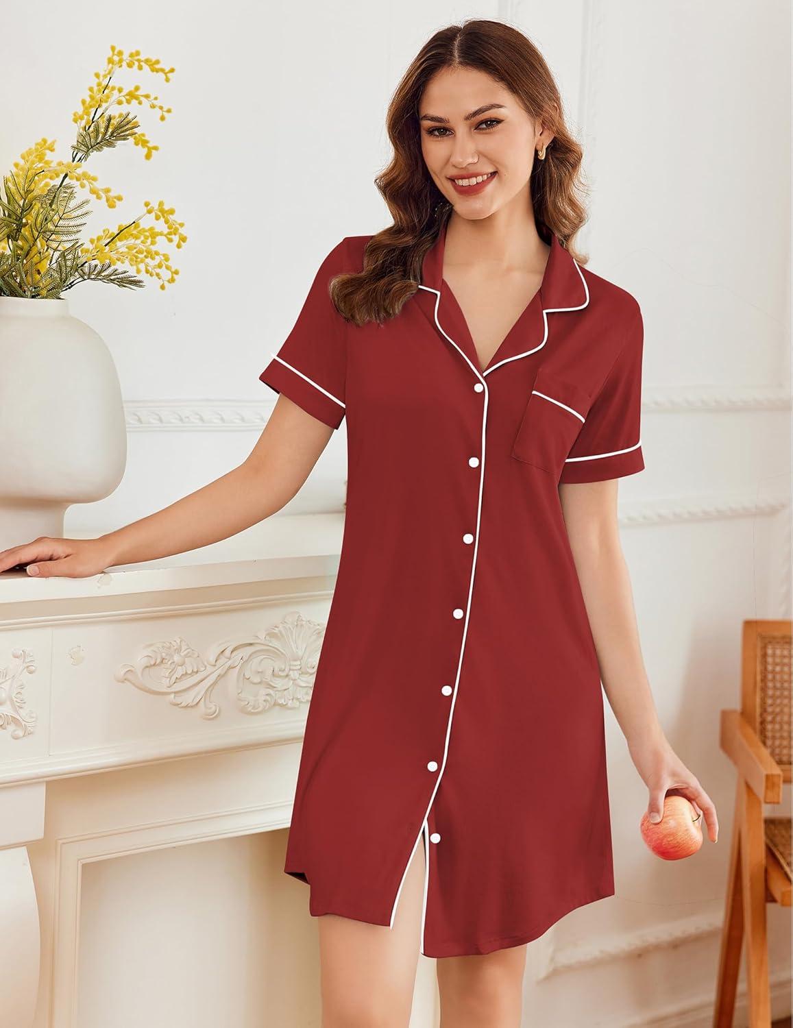 imageEkouaer Nightgowns for Women Button Down Sleepshirt Short Sleeve Nightshirt Boyfriend Pajamas V Neck Nightdress SXXXLWine Red