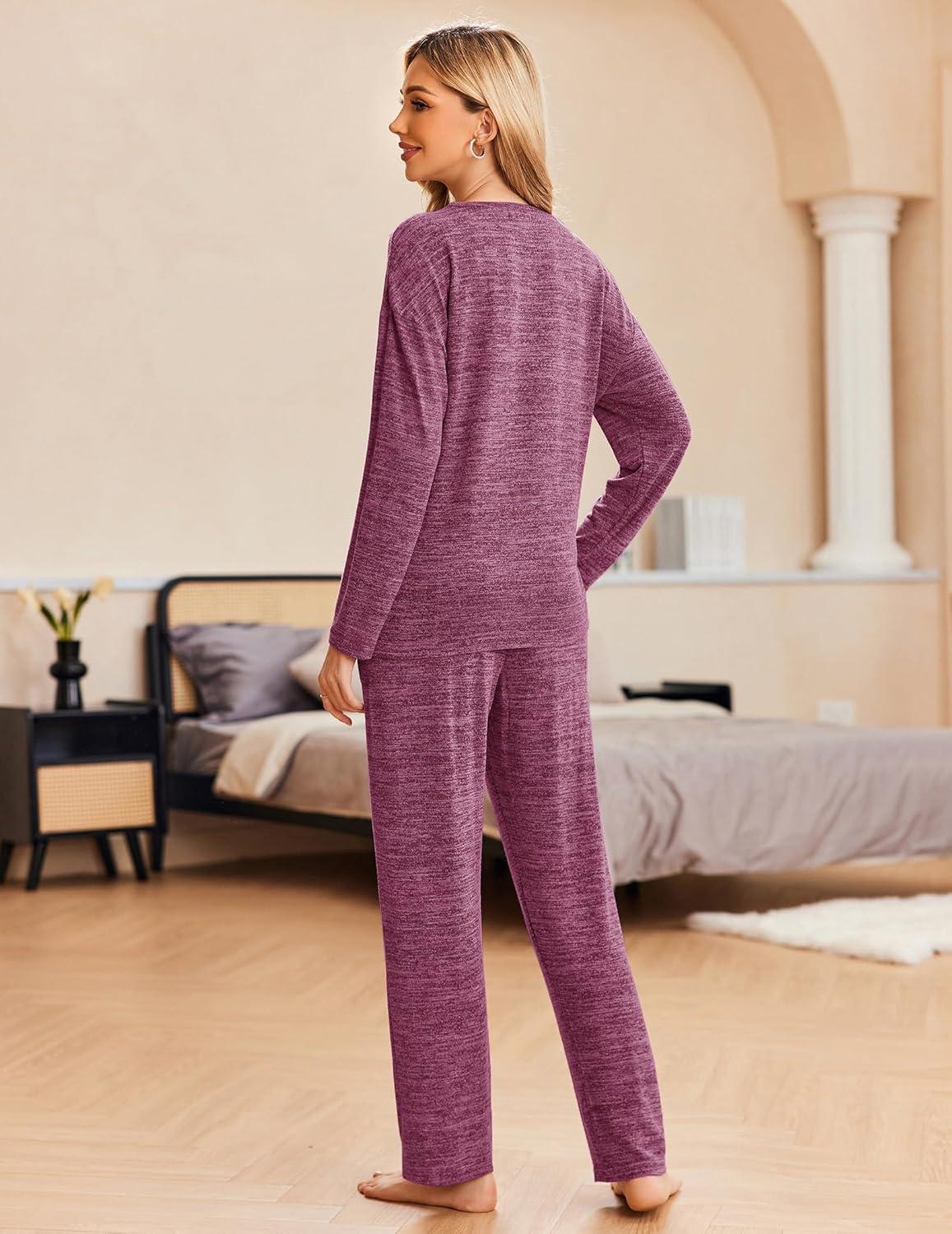 imageEkouaer Pajama Set Womens Long Sleeve Sleepwear Pullover Top and Pants Cozy Loungewear Soft Pjs Lounge Set with Pockets SXXLCherry Red