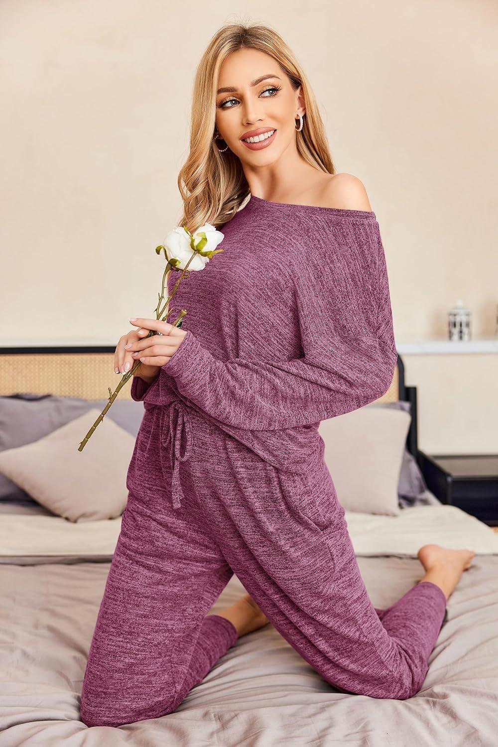 imageEkouaer Pajama Set Womens Long Sleeve Sleepwear Pullover Top and Pants Cozy Loungewear Soft Pjs Lounge Set with Pockets SXXLCherry Red