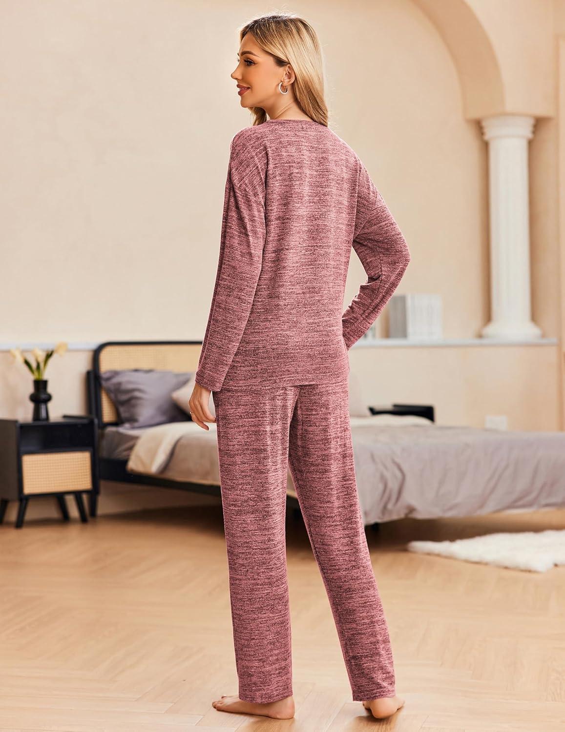 imageEkouaer Pajama Set Womens Long Sleeve Sleepwear Pullover Top and Pants Cozy Loungewear Soft Pjs Lounge Set with Pockets SXXLDark Red