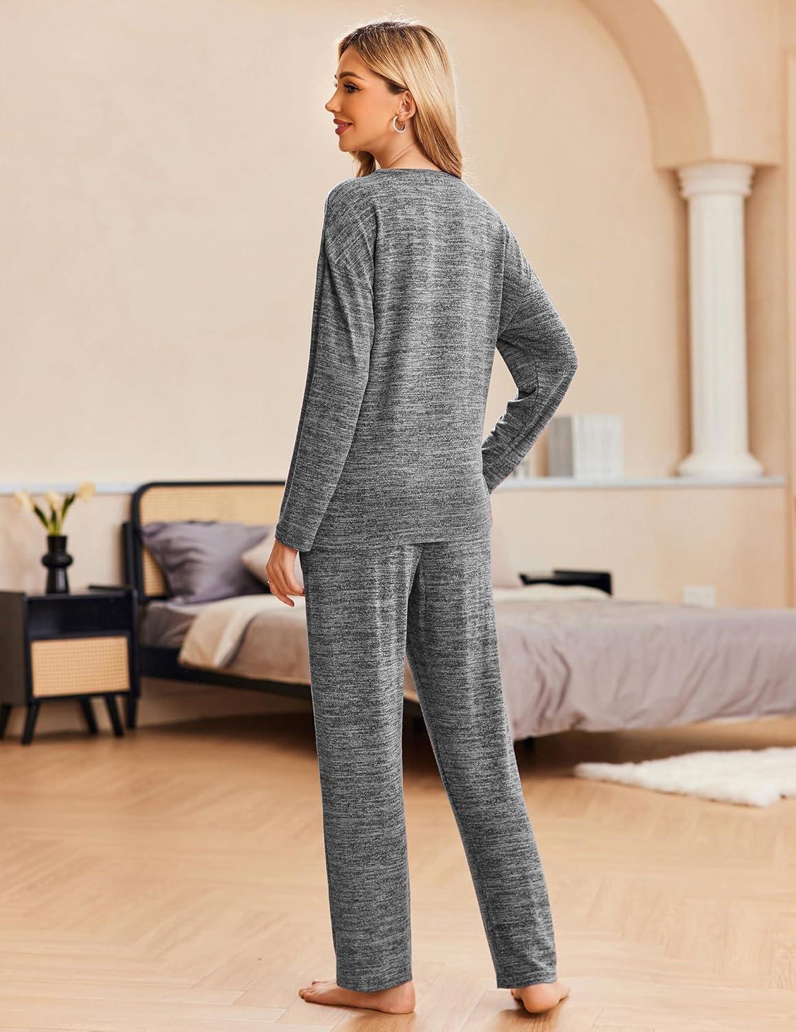 imageEkouaer Pajama Set Womens Long Sleeve Sleepwear Pullover Top and Pants Cozy Loungewear Soft Pjs Lounge Set with Pockets SXXLGray