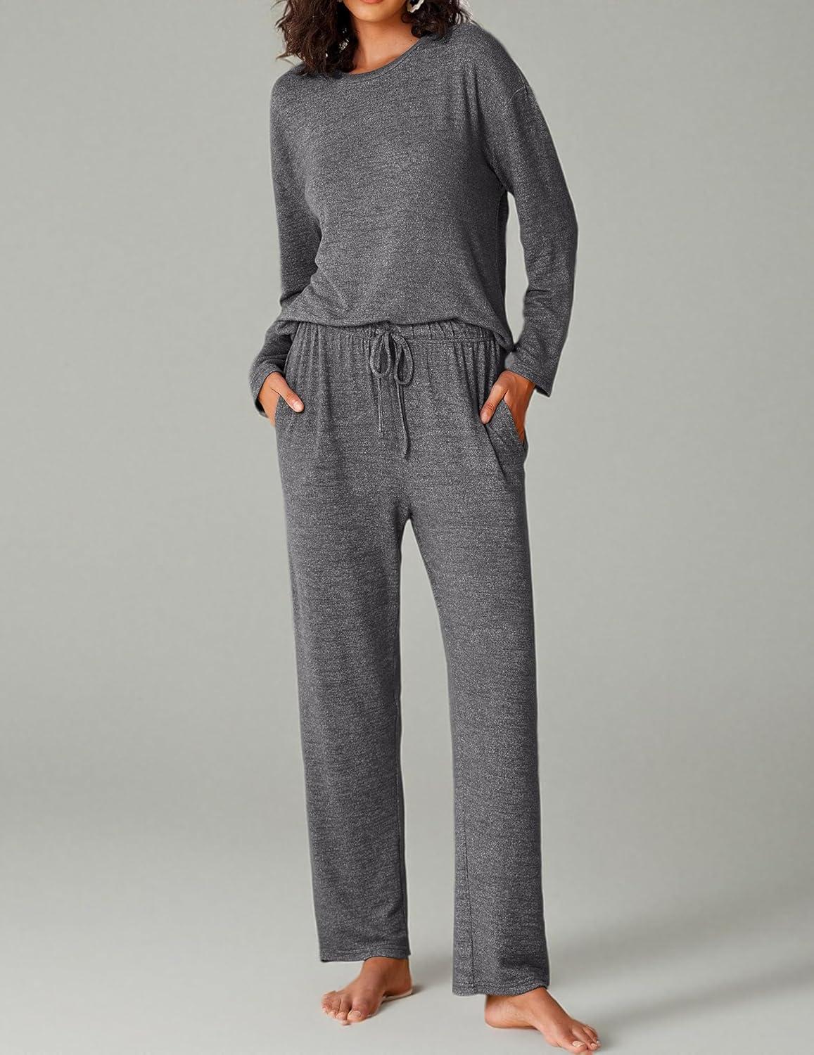 imageEkouaer Pajama Set Womens Long Sleeve Sleepwear Pullover Top and Pants Cozy Loungewear Soft Pjs Lounge Set with Pockets SXXLGray