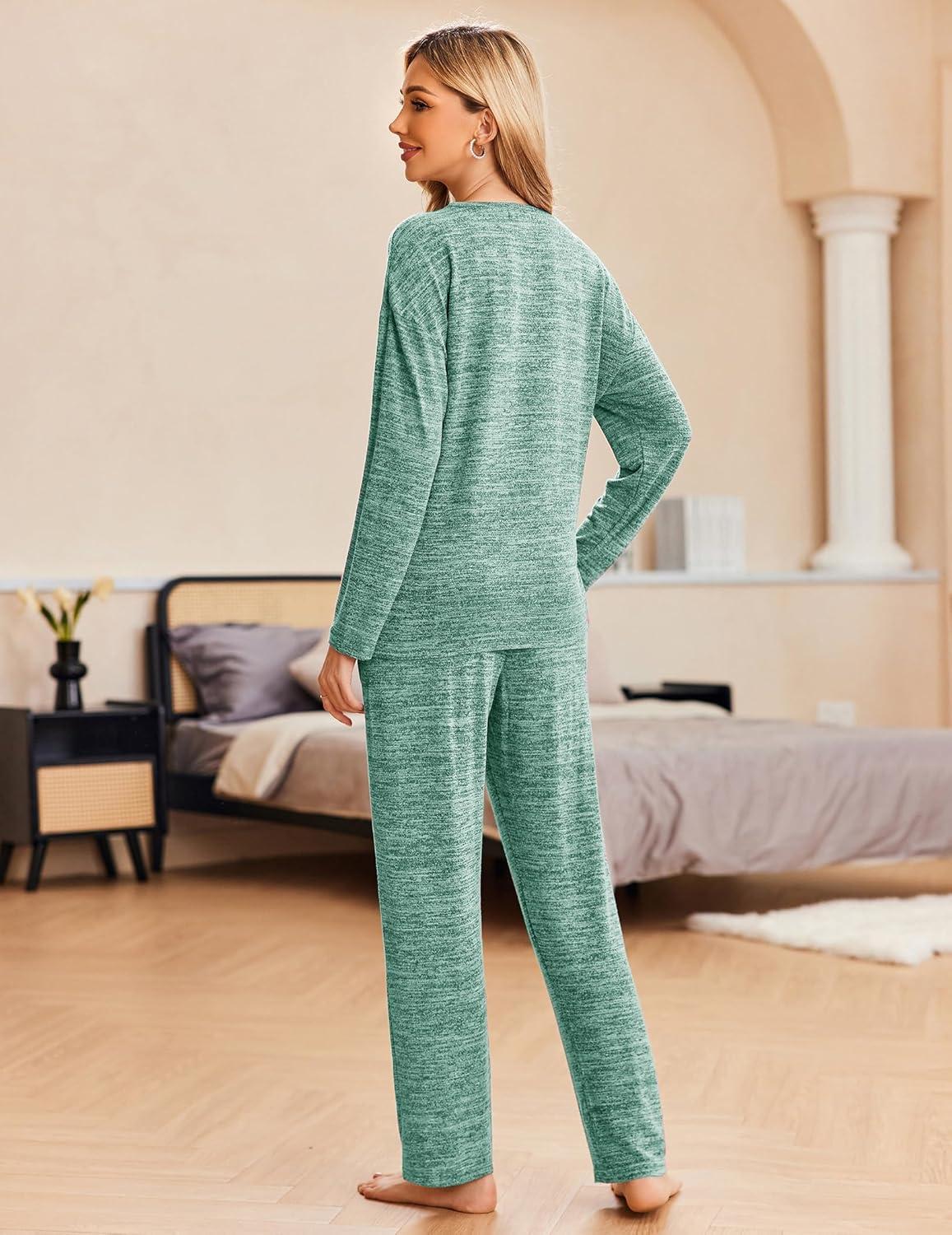 imageEkouaer Pajama Set Womens Long Sleeve Sleepwear Pullover Top and Pants Cozy Loungewear Soft Pjs Lounge Set with Pockets SXXLGreen