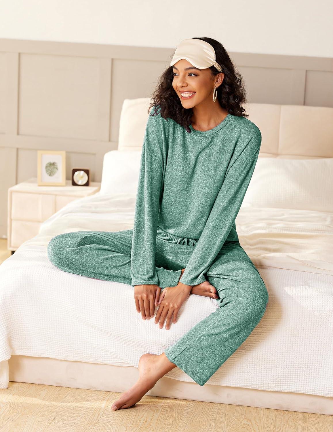 imageEkouaer Pajama Set Womens Long Sleeve Sleepwear Pullover Top and Pants Cozy Loungewear Soft Pjs Lounge Set with Pockets SXXLGreen