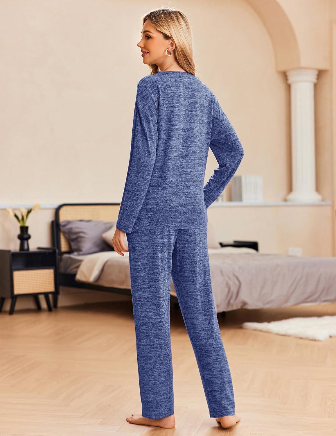 imageEkouaer Pajama Set Womens Long Sleeve Sleepwear Pullover Top and Pants Cozy Loungewear Soft Pjs Lounge Set with Pockets SXXLNavy