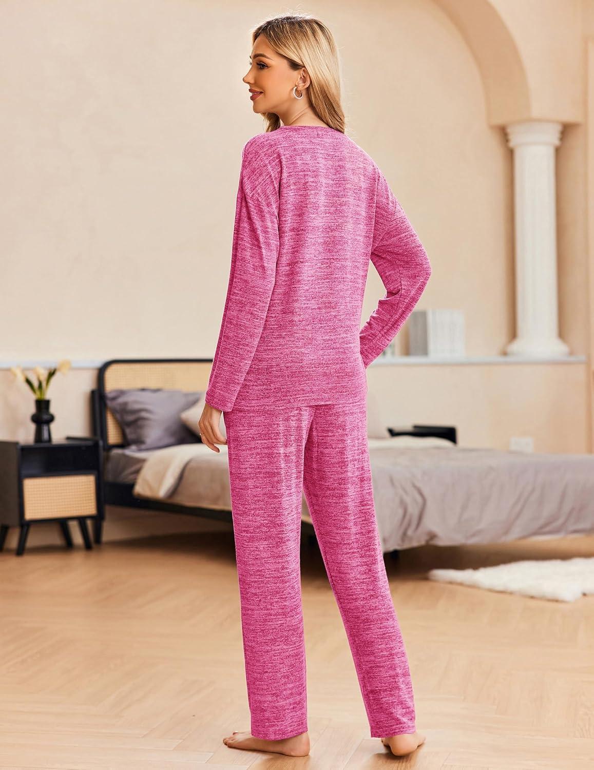 imageEkouaer Pajama Set Womens Long Sleeve Sleepwear Pullover Top and Pants Cozy Loungewear Soft Pjs Lounge Set with Pockets SXXLRose Red
