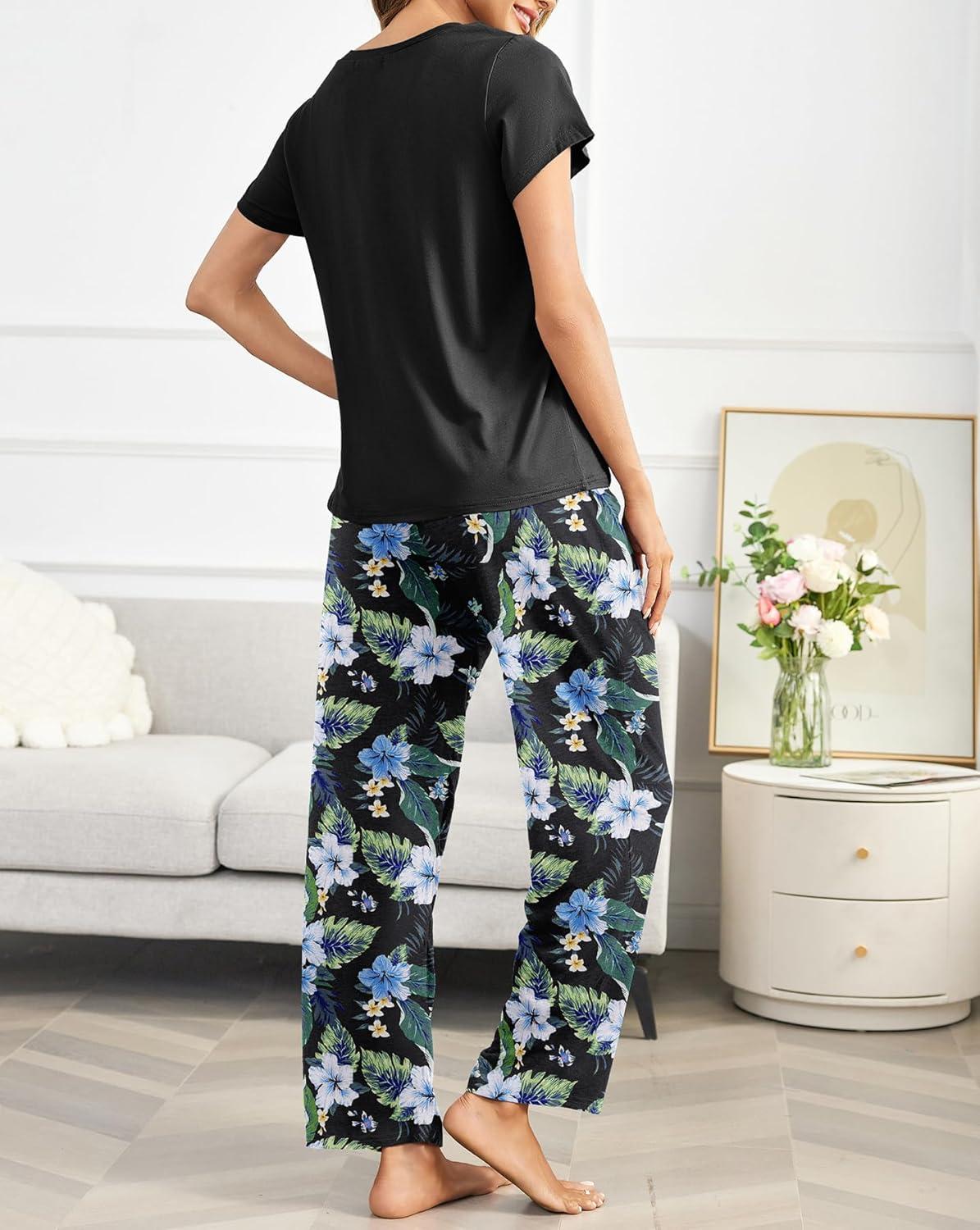 imageEkouaer Pajama Sets for Women Round Neck Pjs Short Sleeve Sleepwear with Long Pants Loose Lounge SetsBlackblue Flower