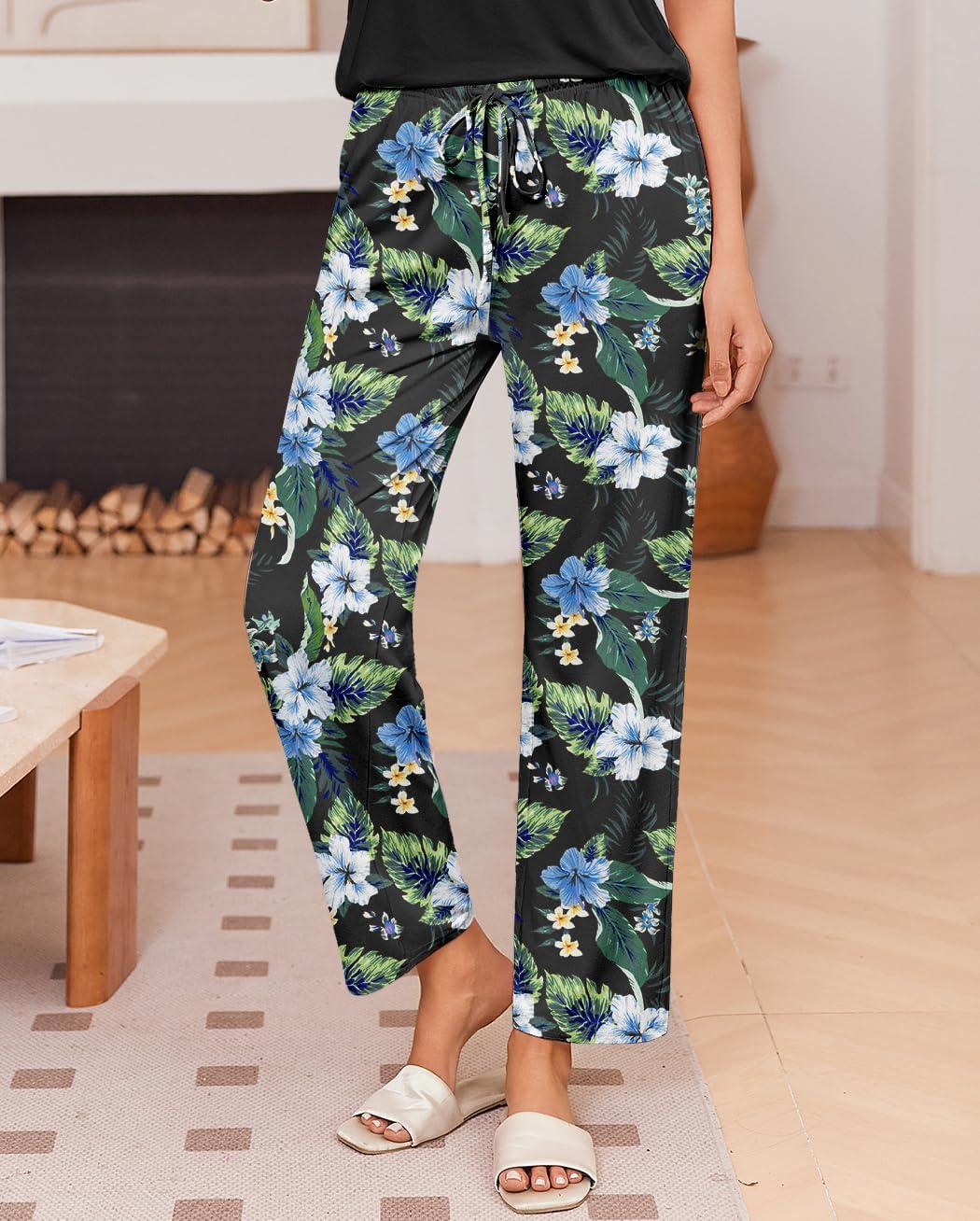 imageEkouaer Pajama Sets for Women Round Neck Pjs Short Sleeve Sleepwear with Long Pants Loose Lounge SetsBlackblue Flower