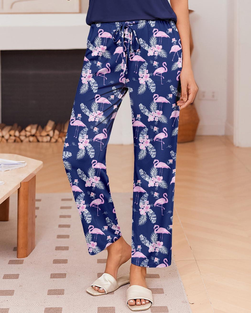 imageEkouaer Pajama Sets for Women Round Neck Pjs Short Sleeve Sleepwear with Long Pants Loose Lounge SetsBluenavy Flamingo