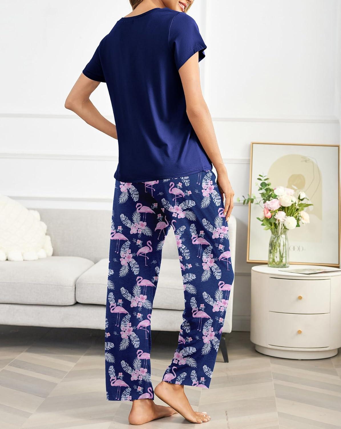 imageEkouaer Pajama Sets for Women Round Neck Pjs Short Sleeve Sleepwear with Long Pants Loose Lounge SetsBluenavy Flamingo