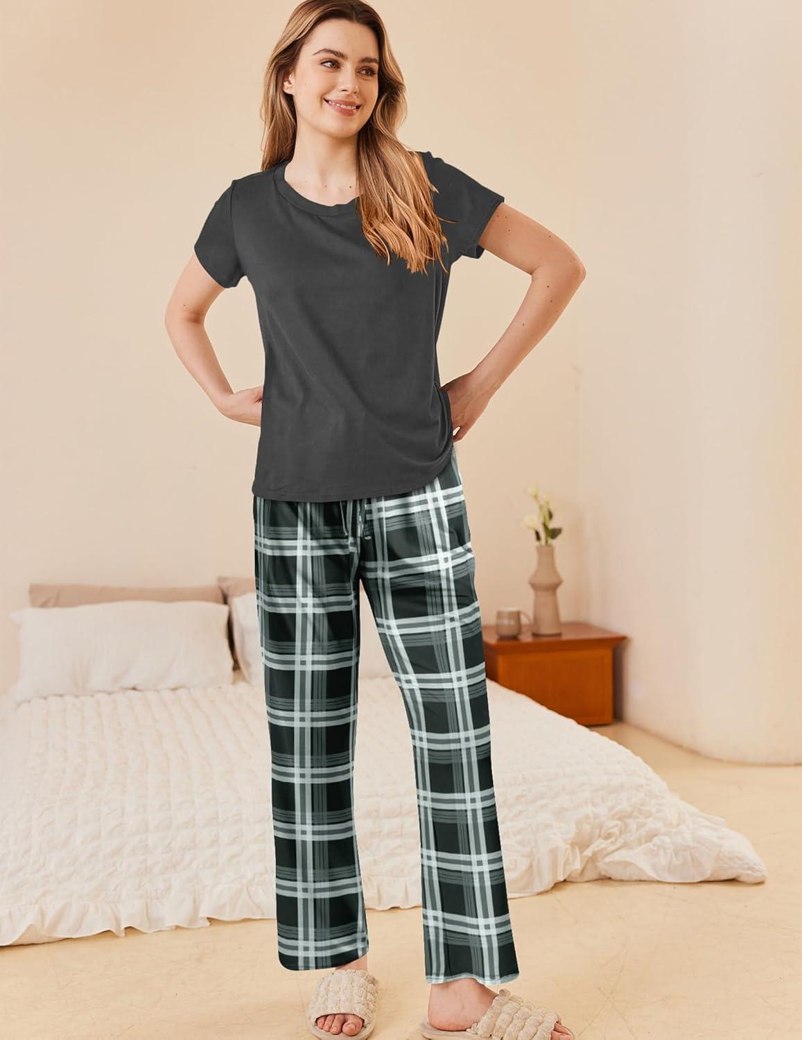 imageEkouaer Pajama Sets for Women Round Neck Pjs Short Sleeve Sleepwear with Long Pants Loose Lounge SetsDeep Greywhite Plaid