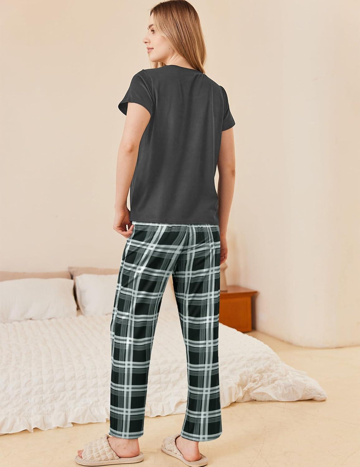 imageEkouaer Pajama Sets for Women Round Neck Pjs Short Sleeve Sleepwear with Long Pants Loose Lounge SetsDeep Greywhite Plaid