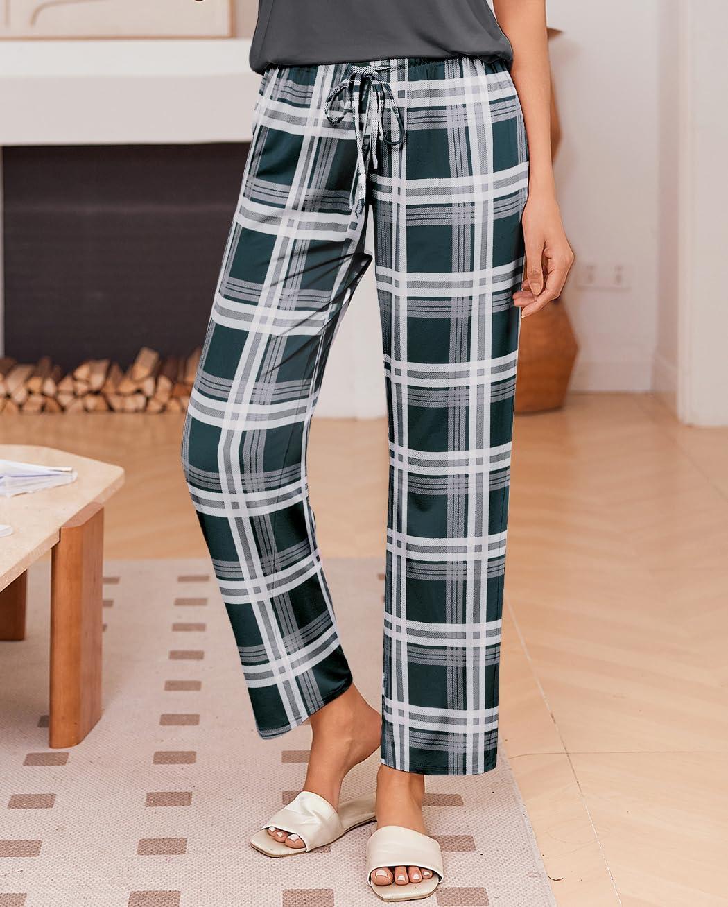 imageEkouaer Pajama Sets for Women Round Neck Pjs Short Sleeve Sleepwear with Long Pants Loose Lounge SetsDeep Greywhite Plaid