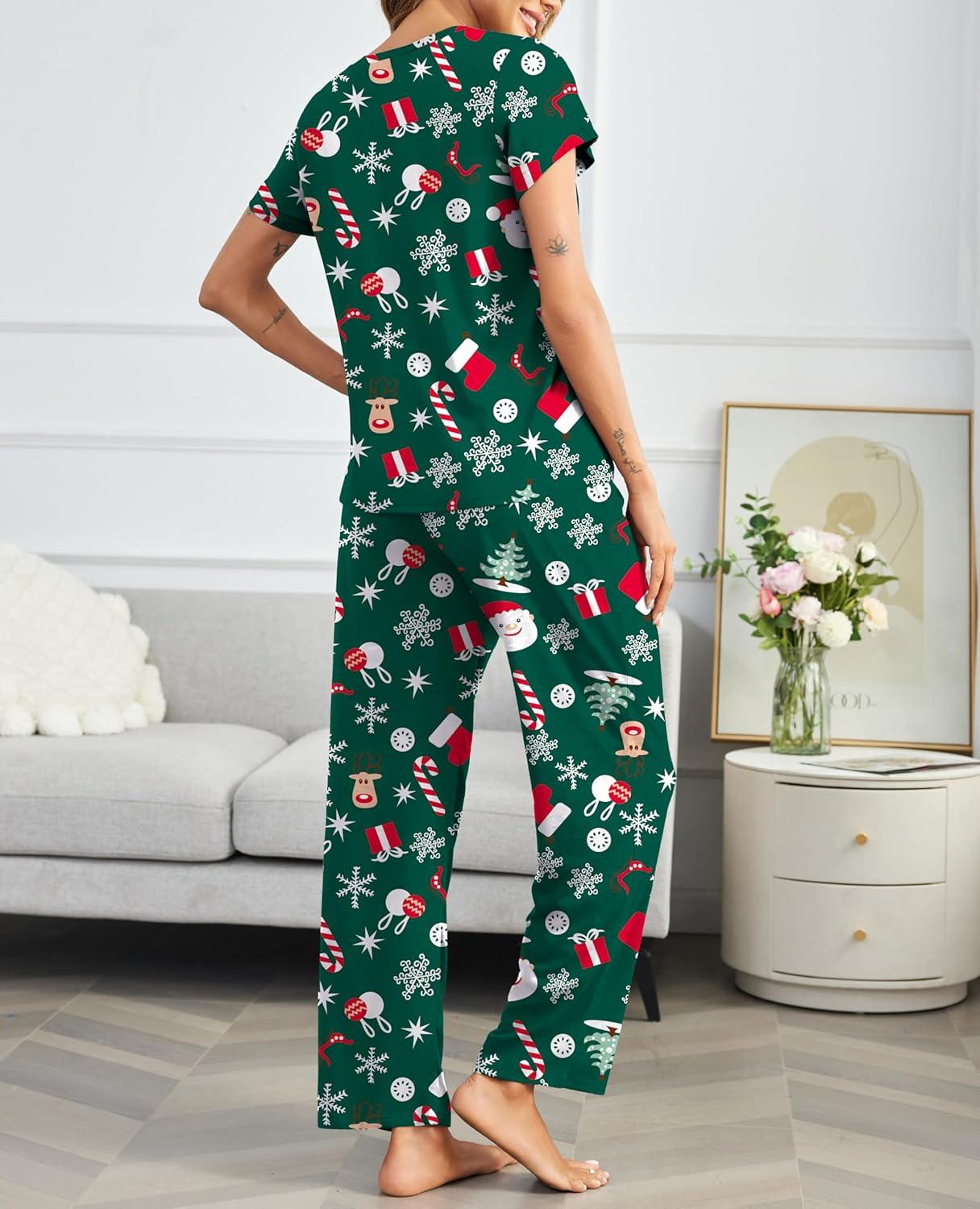 imageEkouaer Pajama Sets for Women Round Neck Pjs Short Sleeve Sleepwear with Long Pants Loose Lounge SetsGreen Christmas