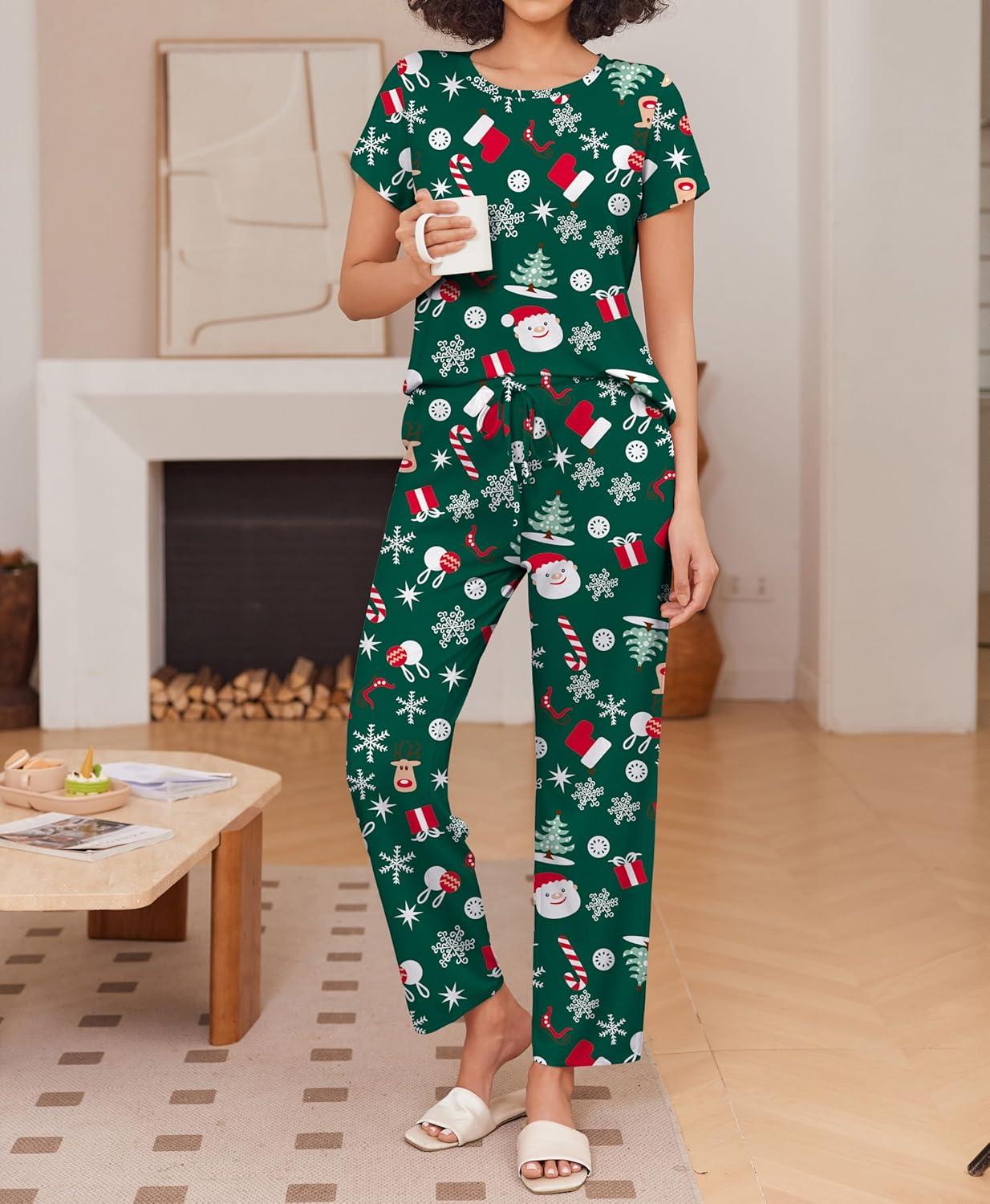 imageEkouaer Pajama Sets for Women Round Neck Pjs Short Sleeve Sleepwear with Long Pants Loose Lounge SetsGreen Christmas