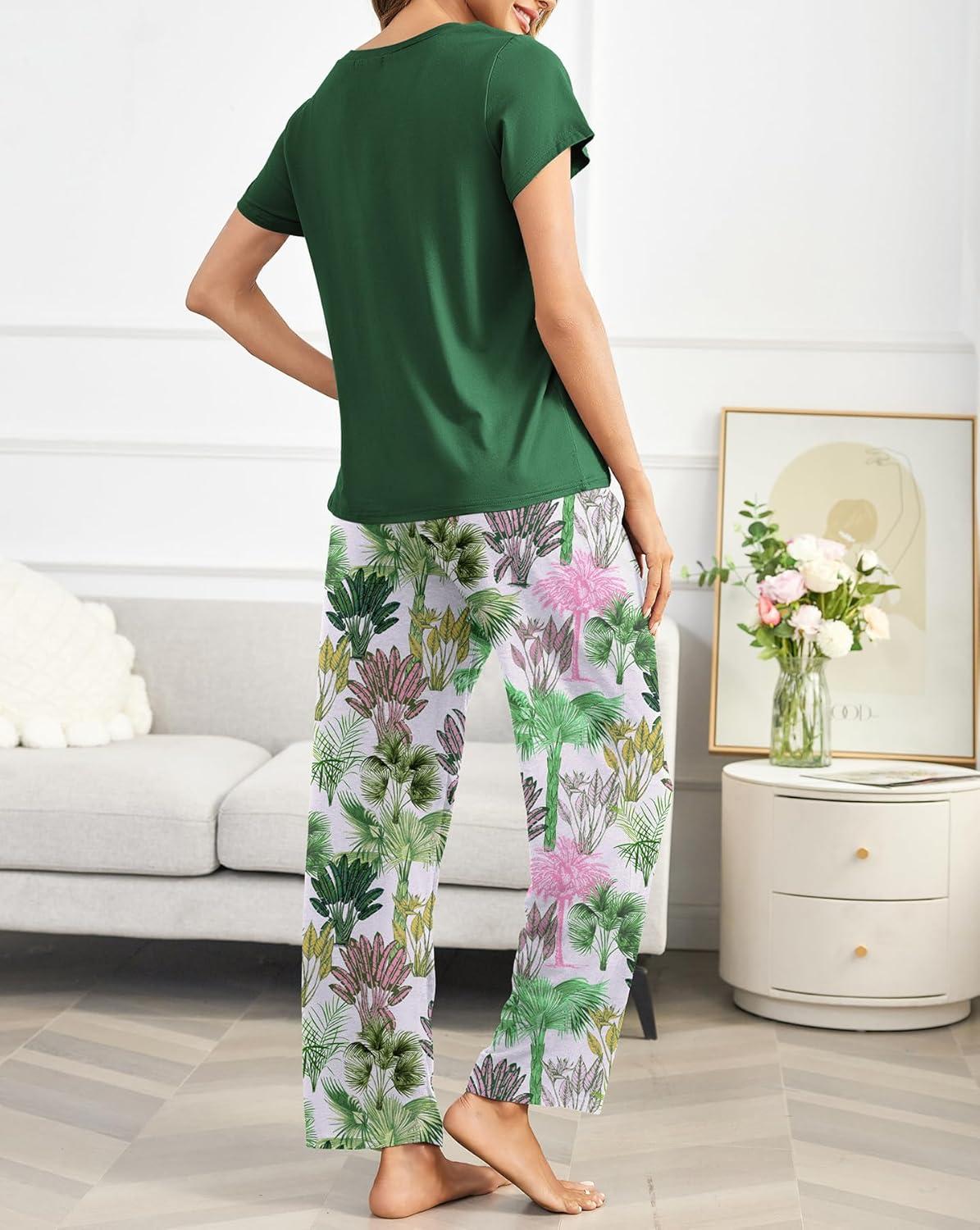 imageEkouaer Pajama Sets for Women Round Neck Pjs Short Sleeve Sleepwear with Long Pants Loose Lounge SetsGreen Hawaii Trees