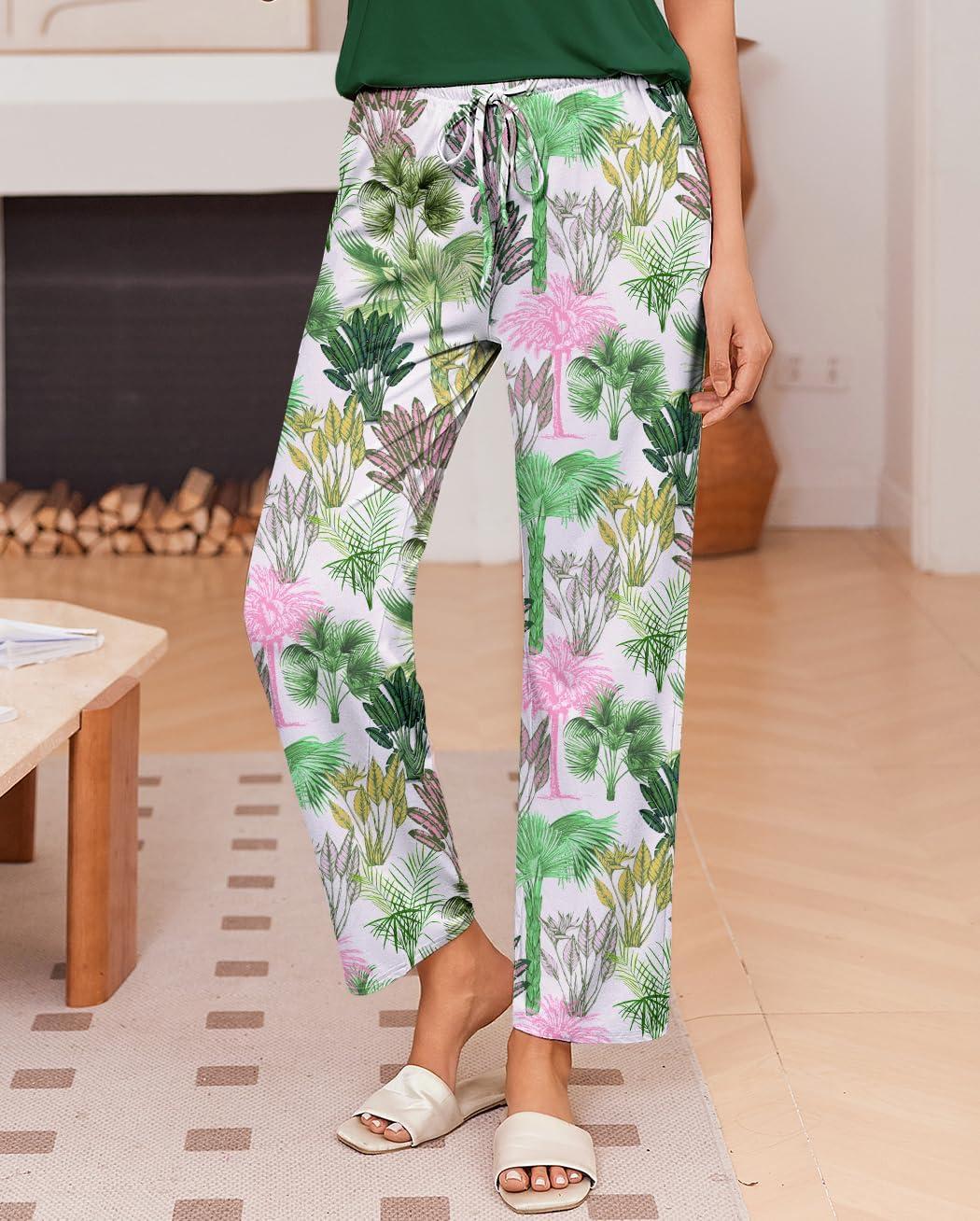 imageEkouaer Pajama Sets for Women Round Neck Pjs Short Sleeve Sleepwear with Long Pants Loose Lounge SetsGreen Hawaii Trees