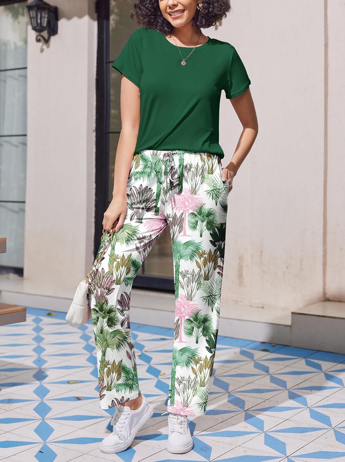 imageEkouaer Pajama Sets for Women Round Neck Pjs Short Sleeve Sleepwear with Long Pants Loose Lounge SetsGreen Hawaii Trees
