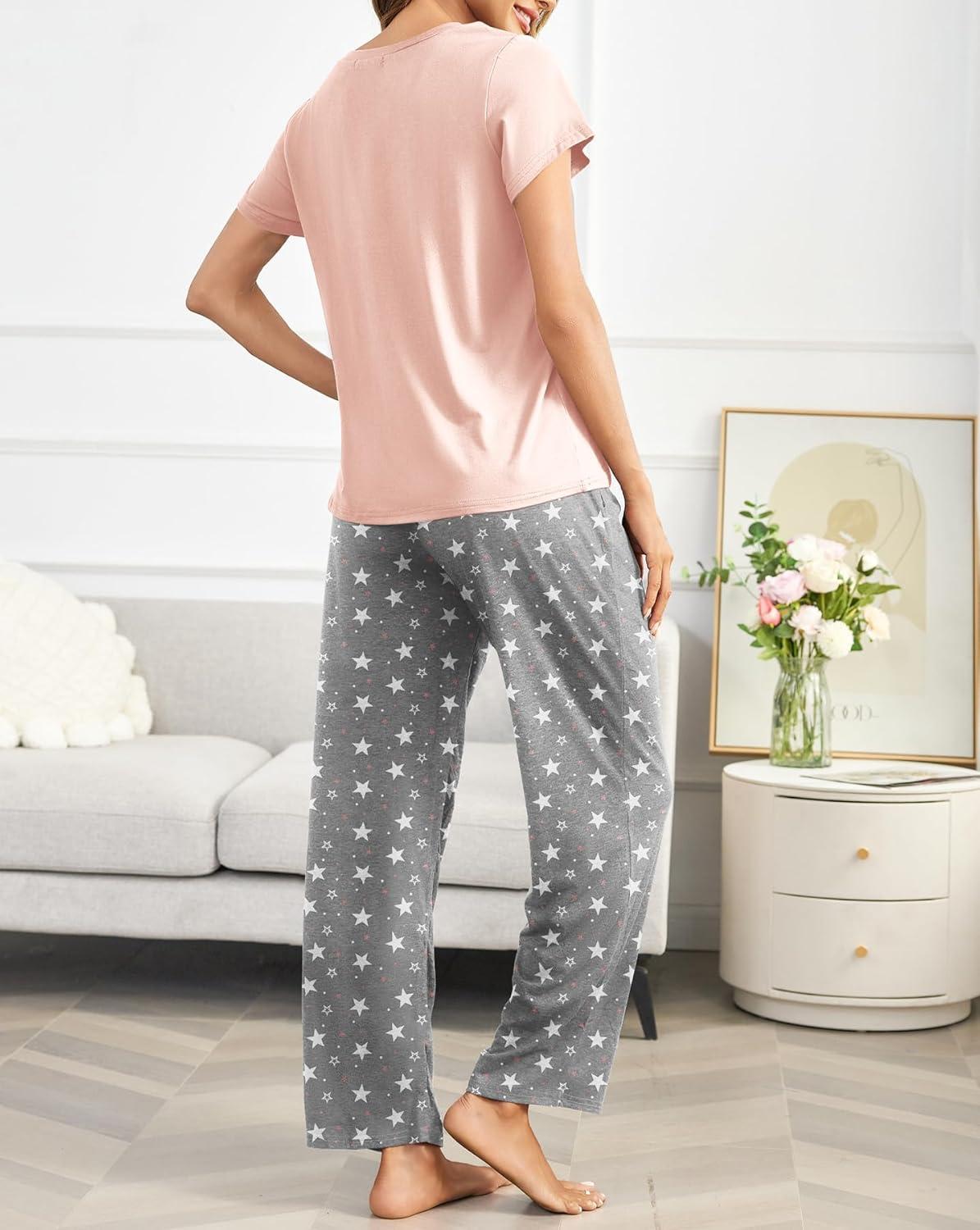 imageEkouaer Pajama Sets for Women Round Neck Pjs Short Sleeve Sleepwear with Long Pants Loose Lounge SetsGrey Star