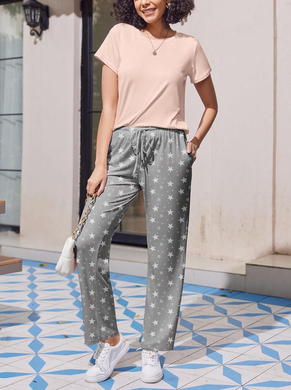 imageEkouaer Pajama Sets for Women Round Neck Pjs Short Sleeve Sleepwear with Long Pants Loose Lounge SetsGrey Star