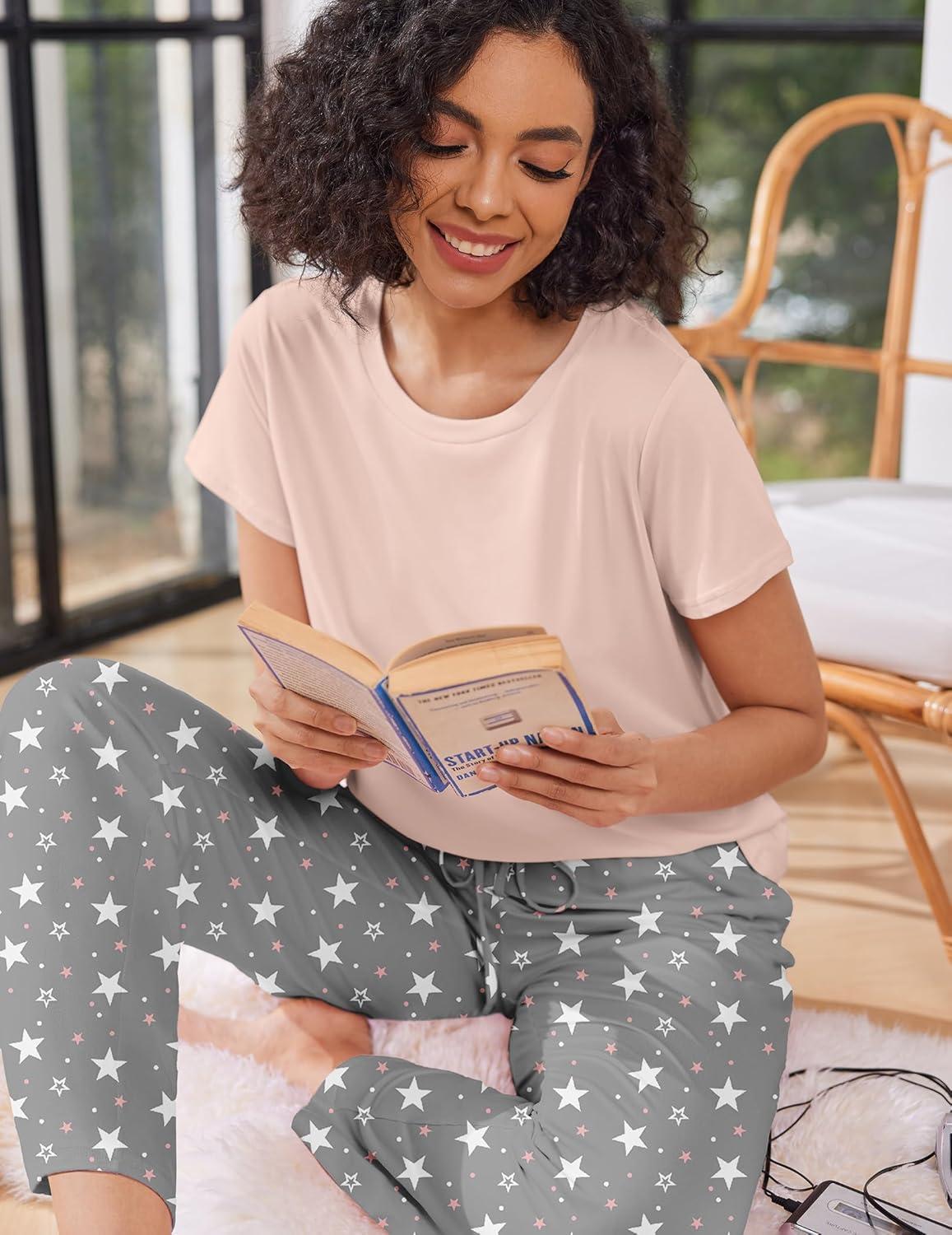 imageEkouaer Pajama Sets for Women Round Neck Pjs Short Sleeve Sleepwear with Long Pants Loose Lounge SetsGrey Star