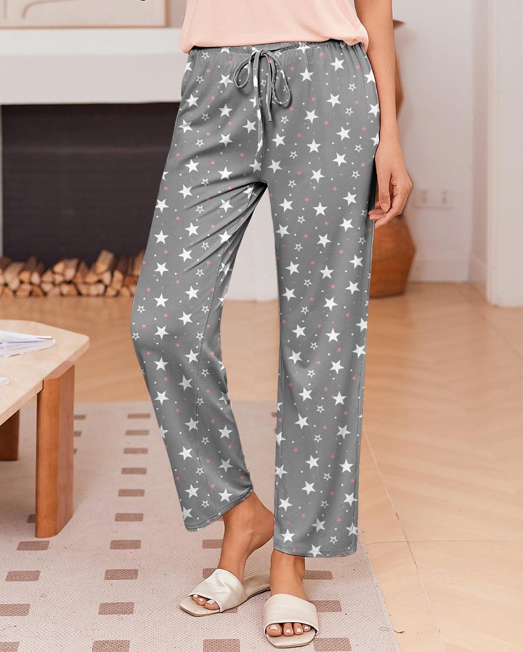 imageEkouaer Pajama Sets for Women Round Neck Pjs Short Sleeve Sleepwear with Long Pants Loose Lounge SetsGrey Star