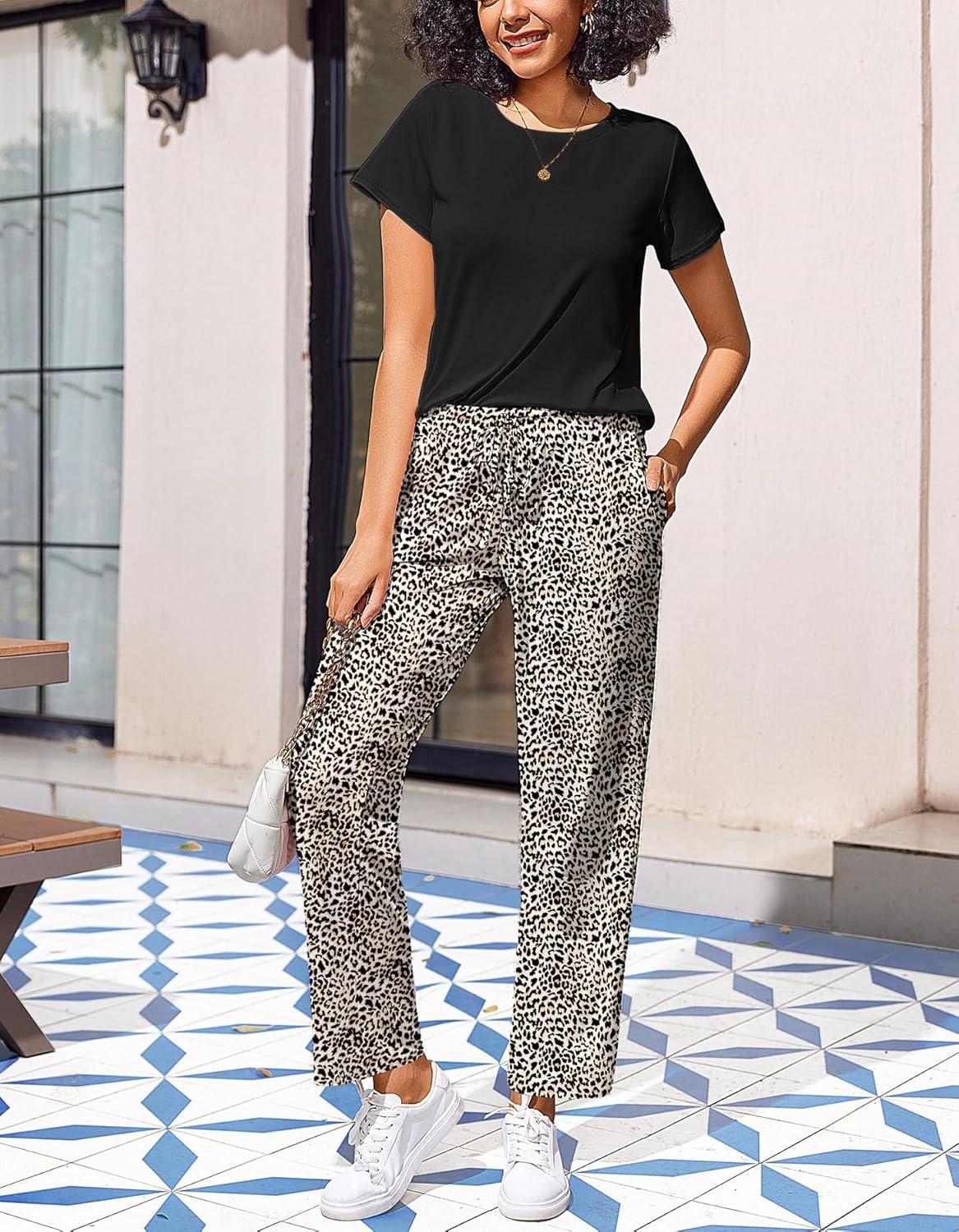 imageEkouaer Pajama Sets for Women Round Neck Pjs Short Sleeve Sleepwear with Long Pants Loose Lounge SetsLeopard
