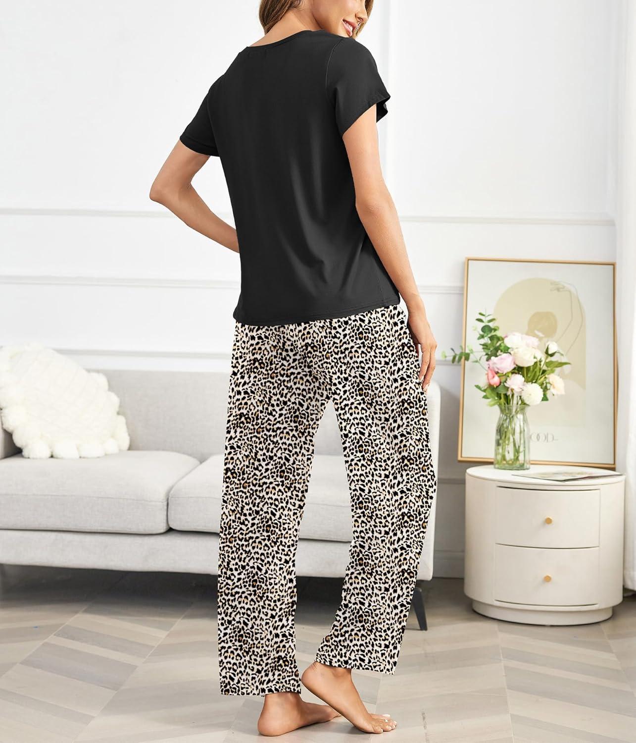 imageEkouaer Pajama Sets for Women Round Neck Pjs Short Sleeve Sleepwear with Long Pants Loose Lounge SetsLeopard