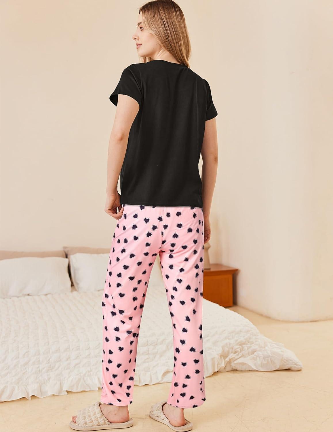 imageEkouaer Pajama Sets for Women Round Neck Pjs Short Sleeve Sleepwear with Long Pants Loose Lounge SetsPinkblack Heart
