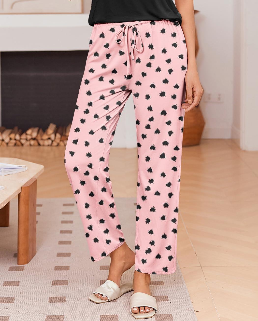 imageEkouaer Pajama Sets for Women Round Neck Pjs Short Sleeve Sleepwear with Long Pants Loose Lounge SetsPinkblack Heart