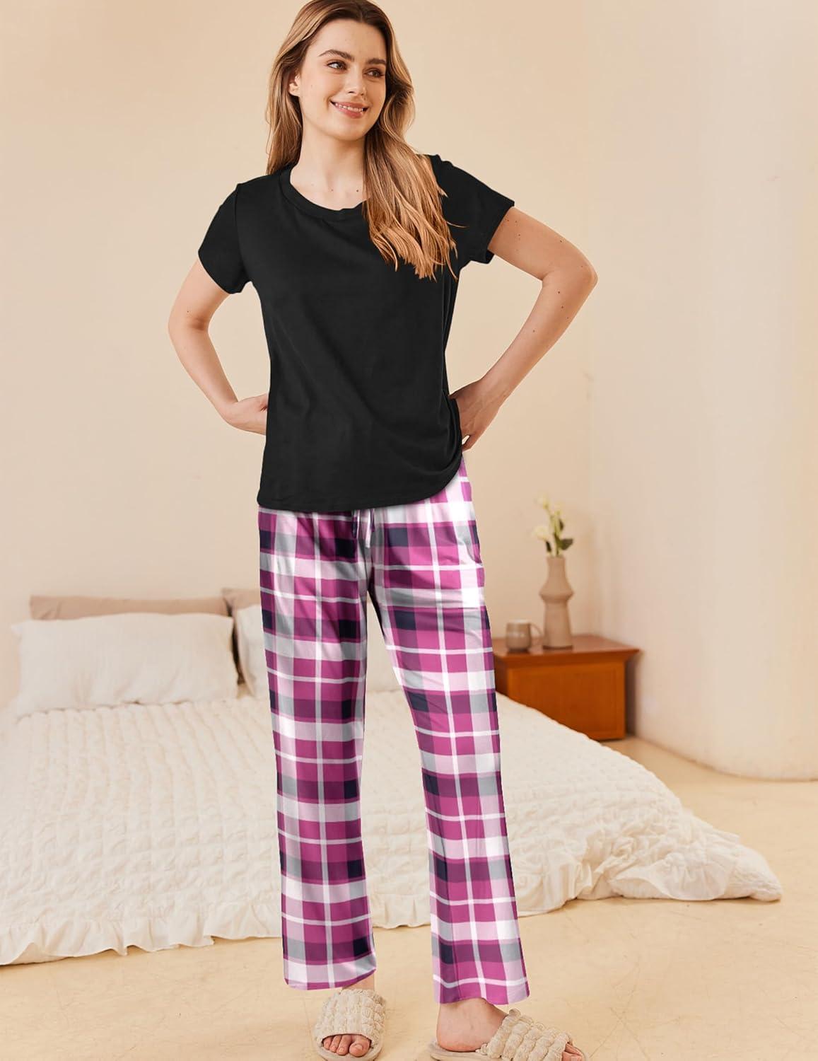 imageEkouaer Pajama Sets for Women Round Neck Pjs Short Sleeve Sleepwear with Long Pants Loose Lounge SetsPurple Plaid