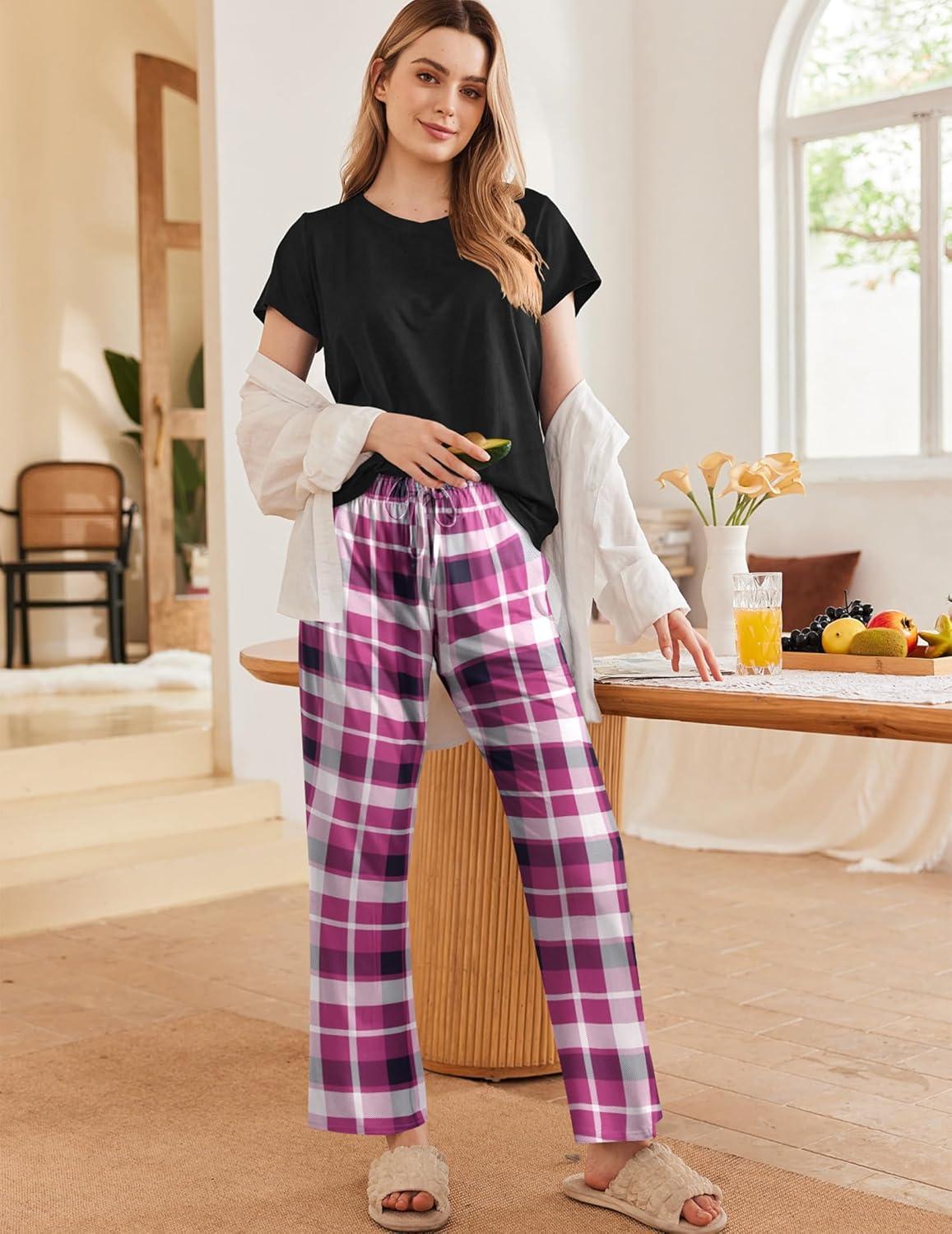 imageEkouaer Pajama Sets for Women Round Neck Pjs Short Sleeve Sleepwear with Long Pants Loose Lounge SetsPurple Plaid