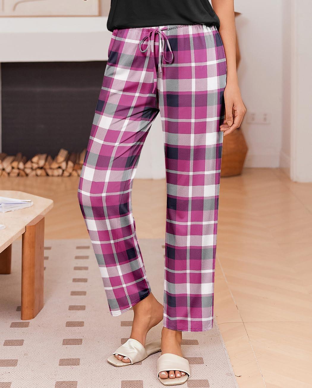 imageEkouaer Pajama Sets for Women Round Neck Pjs Short Sleeve Sleepwear with Long Pants Loose Lounge SetsPurplewhite Plaid