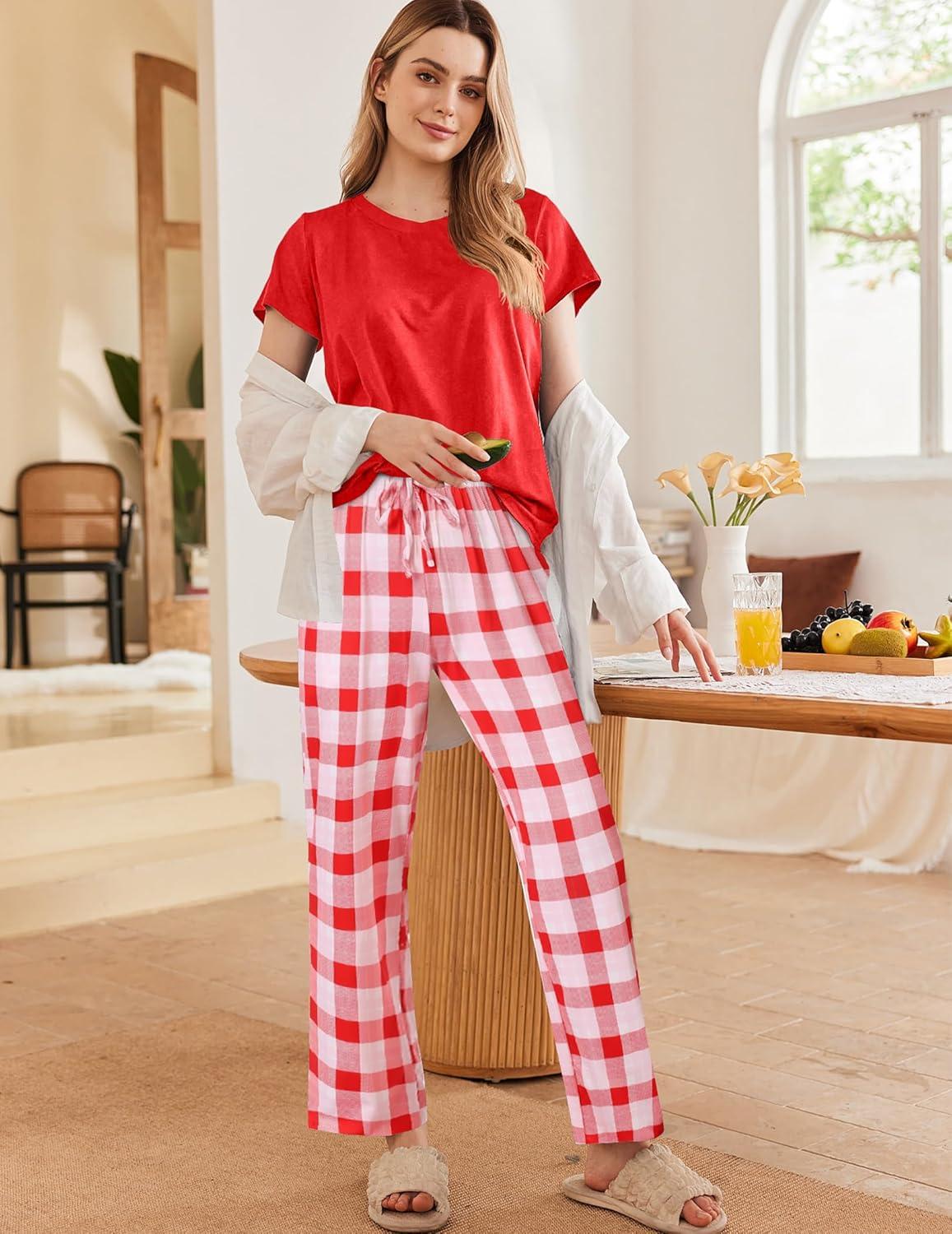 imageEkouaer Pajama Sets for Women Round Neck Pjs Short Sleeve Sleepwear with Long Pants Loose Lounge SetsRed Plaid